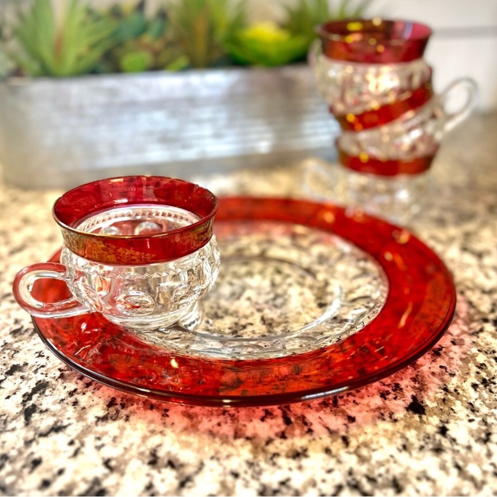 Stunning 1940s Tiffin Franciscan Kings Crown Thumbprint Ruby Red Flashed 8pc Set - Picture 11 of 16